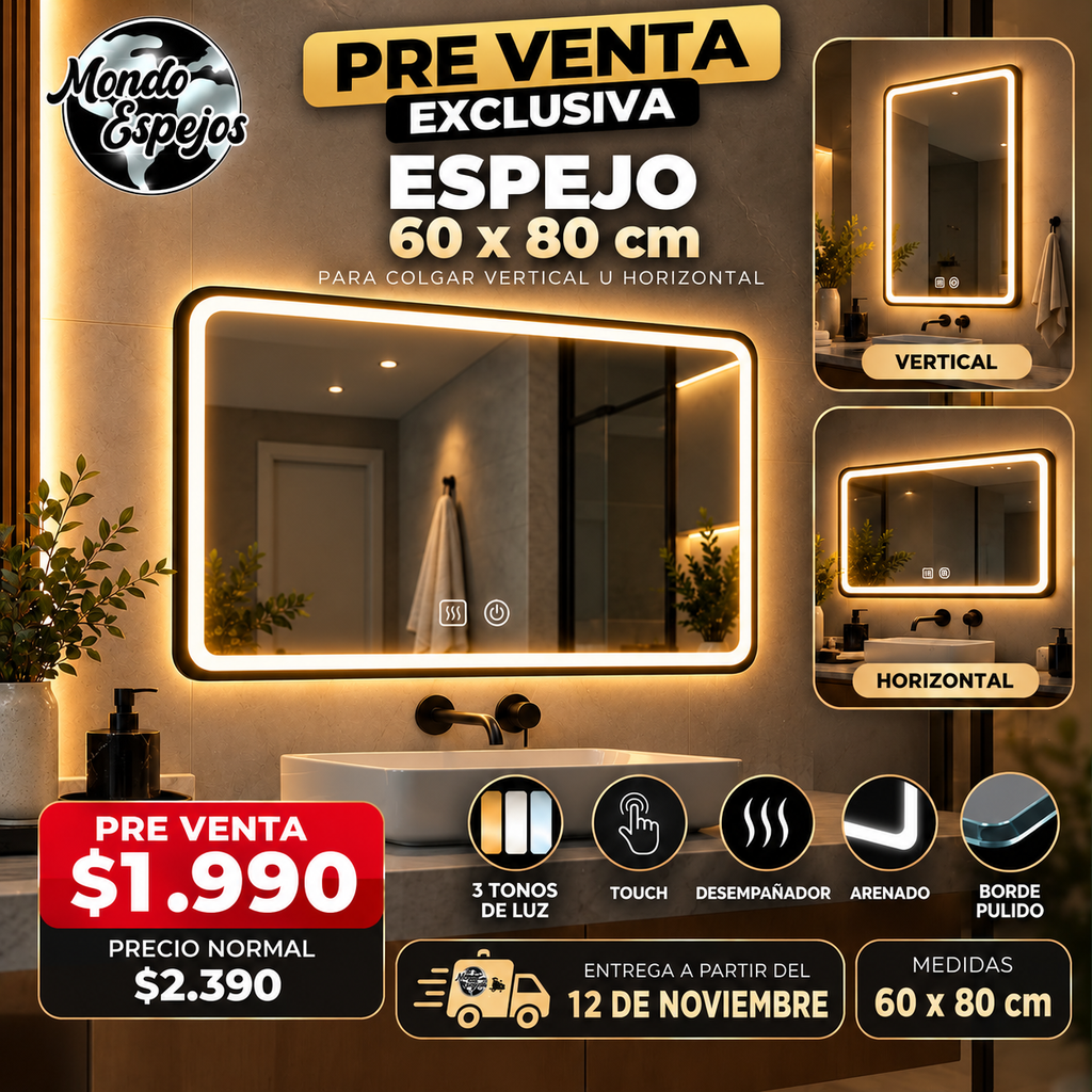 Espejo Rectangular Arenado LED 60 × 80 cm con Desempañador, Touch y Borde Pulido | PREVENTA EXCLUSIVA