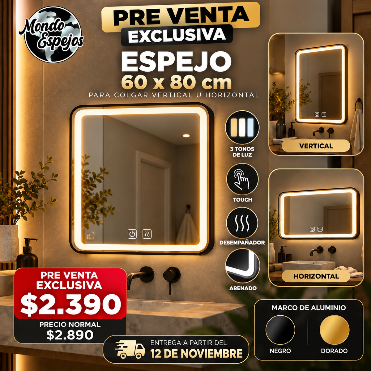 Espejo Rectangular Arenado LED 60 × 80 cm con Desempañador y Touch | Marco de Aluminio – PREVENTA EXCLUSIVA