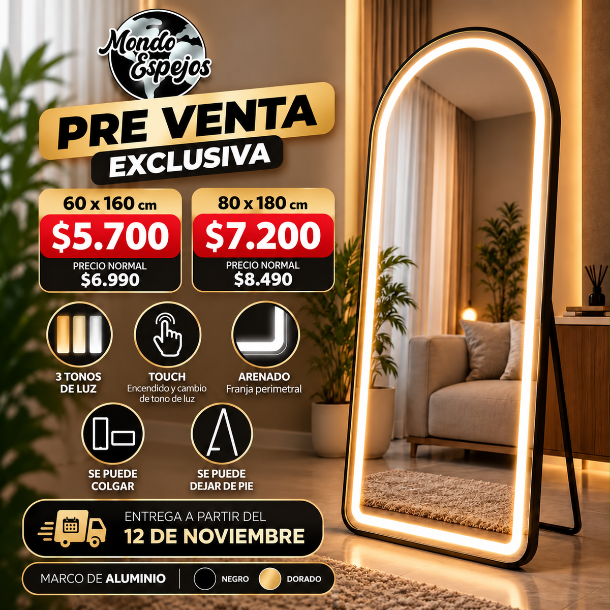 Espejo Medio punto Arenado  LED Marco de Aluminio | PREVENTA EXCLUSIVA