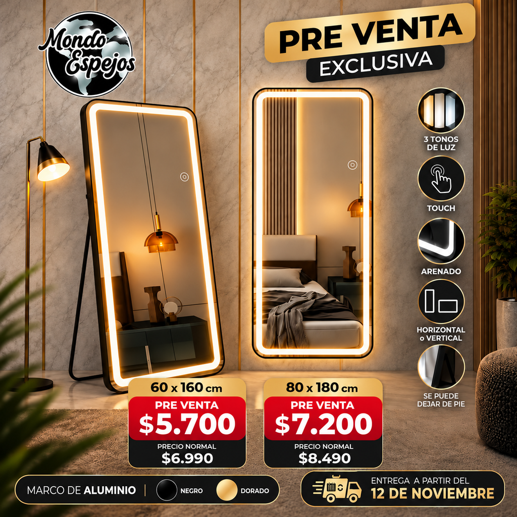 Espejo Rectangular Arenado  LED Marco de Aluminio | PREVENTA EXCLUSIVA