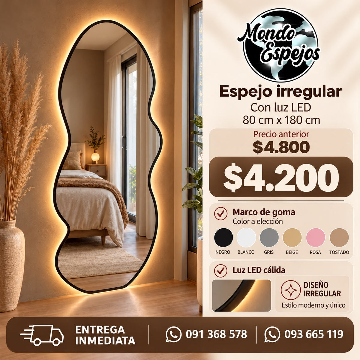 Espejo Irregular Waves con Luz LED – 80cm x 180cm