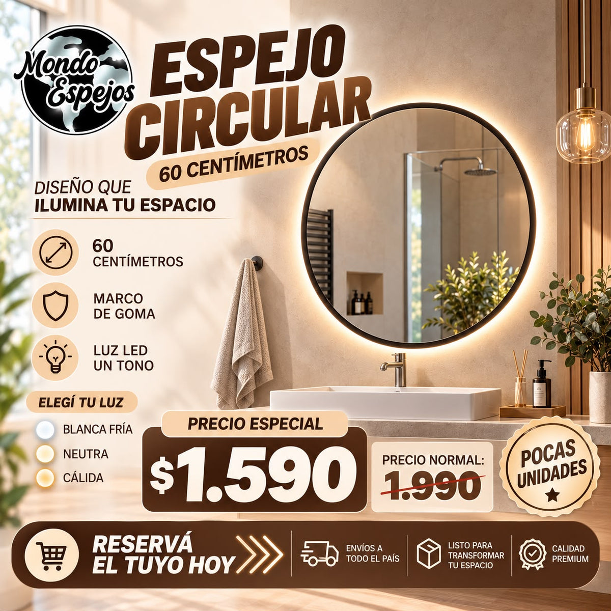 ESPEJO CIRCULAR 60CM CON LUZ LED