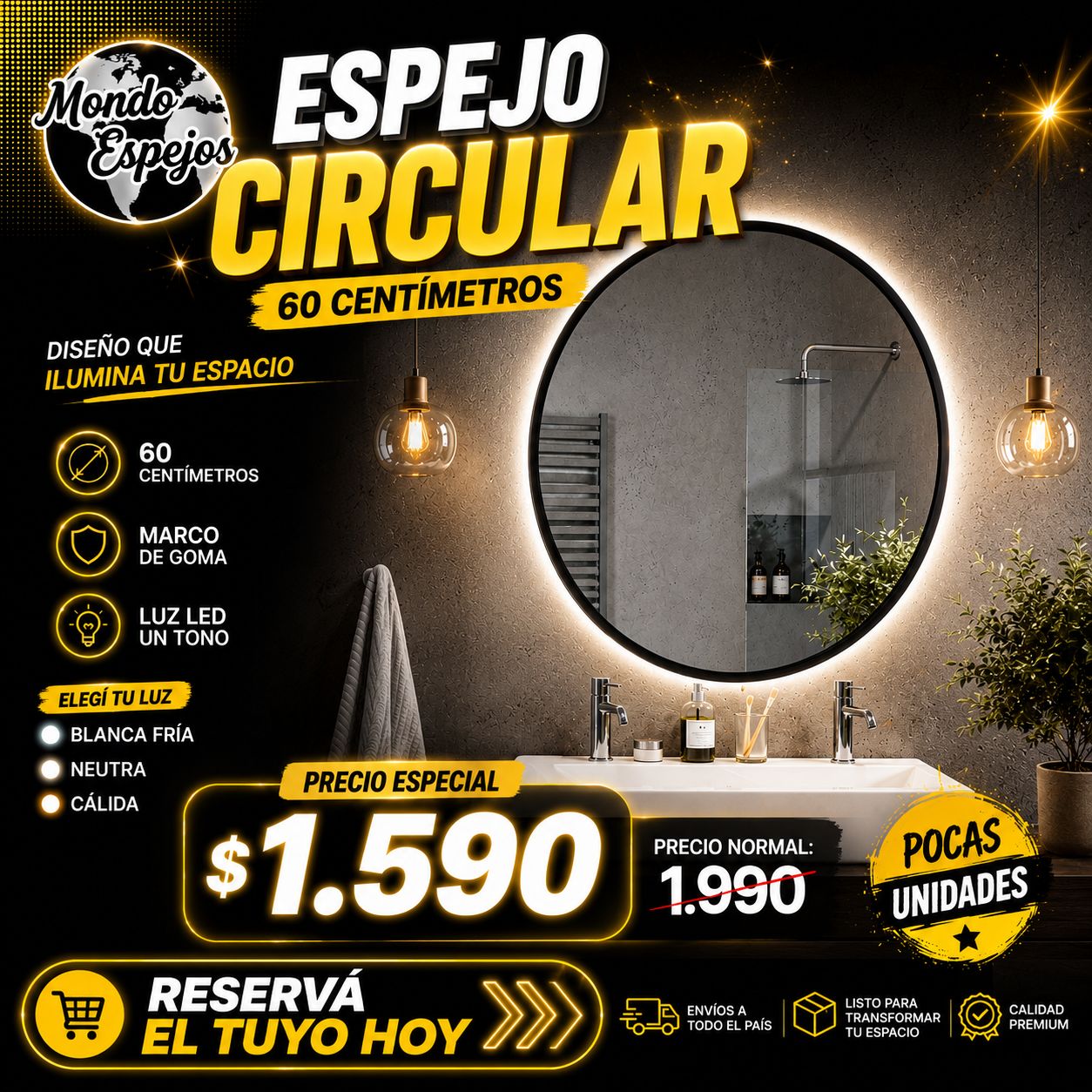 ESPEJO CIRCULAR 60CM CON LUZ LED