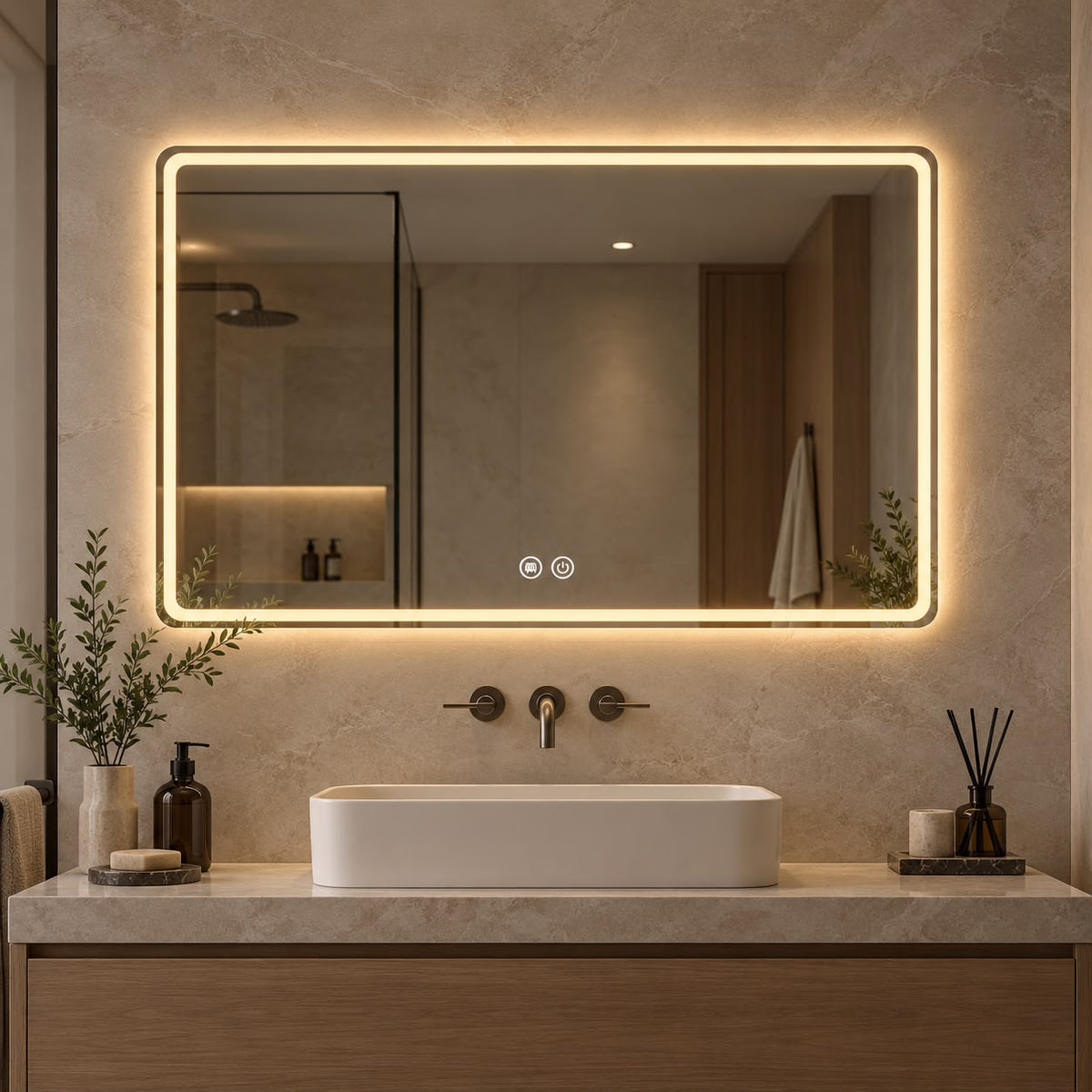 Espejo Rectangular Arenado LED 60 × 80 cm con Desempañador, Touch y Borde Pulido | PREVENTA EXCLUSIVA
